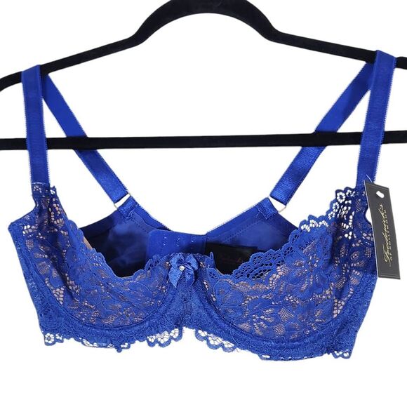 Frederick's of Hollywood Nude and Blue Lace Bra Size 32D NWT Lingerie Shower - Picture 1 of 13